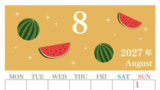 2027年8月縦型の月曜始まり 西瓜イラストのかわいいA4無料カレンダー