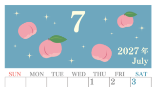 2027年7月縦型の日曜始まり 桃のイラストがかわいいA4無料カレンダー