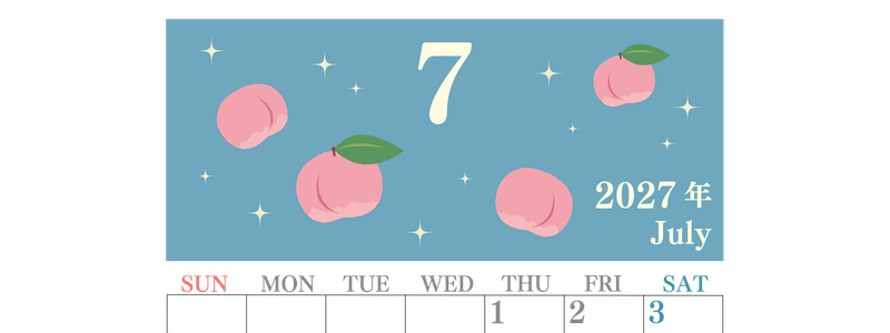 2027年7月縦型の日曜始まり 桃のイラストがかわいいA4無料カレンダー