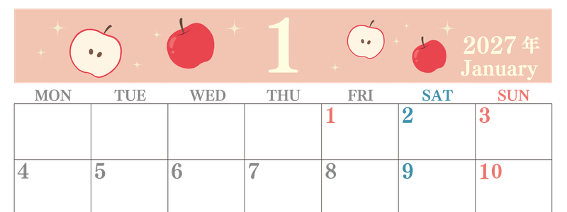 2027年1月横型の月曜始まり 丸いりんごイラストのかわいいA4無料カレンダー