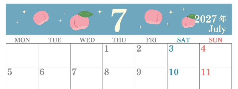 2027年7月横型の月曜始まり 桃のイラストがかわいいA4無料カレンダー