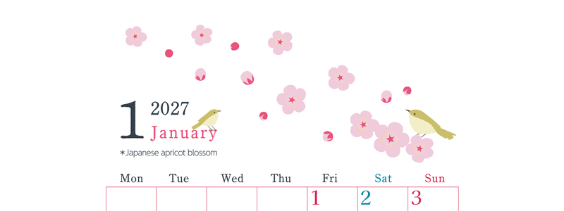 2027年1月縦型の月曜始まり うぐいすイラストのかわいいA4無料カレンダー