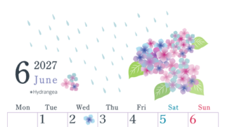 2027年6月縦型の月曜始まり 梅雨の季節イラストのかわいいA4無料カレンダー