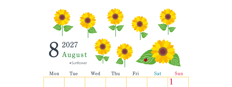2027年8月縦型の月曜始まり 夏の花のイラストがかわいいA4無料カレンダー