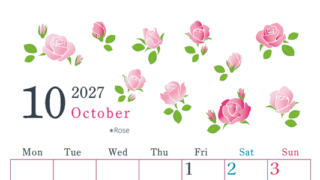 2027年10月縦型の月曜始まり ローズがかわいいイラストA4無料カレンダー
