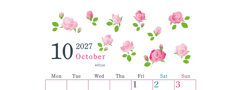 2027年10月縦型の月曜始まり ローズがかわいいイラストA4無料カレンダー