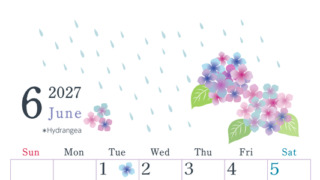2027年6月縦型の日曜始まり 梅雨の季節イラストのかわいいA4無料カレンダー