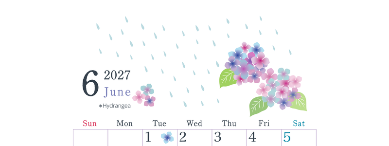 2027年6月縦型の日曜始まり 梅雨の季節イラストのかわいいA4無料カレンダー