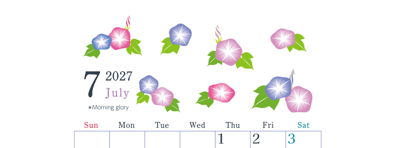 2027年7月縦型の日曜始まり 季節の花イラストのかわいいA4無料カレンダー