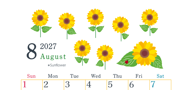 2027年8月縦型の日曜始まり 夏の花のイラストがかわいいA4無料カレンダー