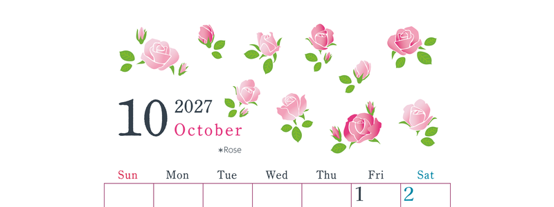 2027年10月縦型の日曜始まり ローズがかわいいイラストA4無料カレンダー