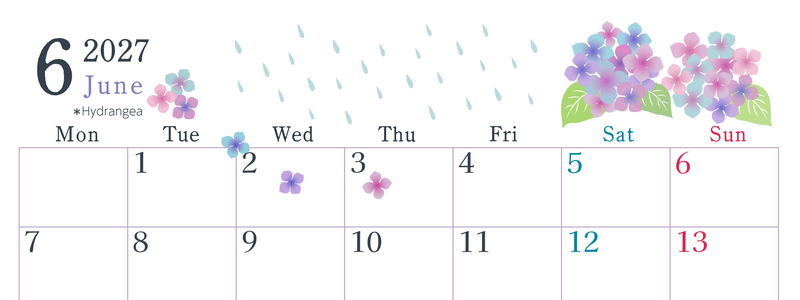 2027年6月横型の月曜始まり 梅雨の季節イラストのかわいいA4無料カレンダー