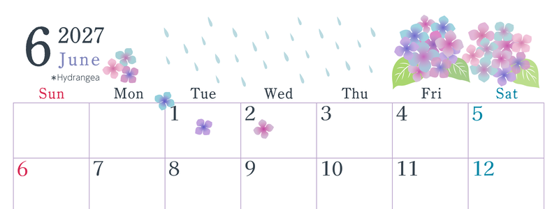 2027年6月横型の日曜始まり 梅雨の季節イラストのかわいいA4無料カレンダー