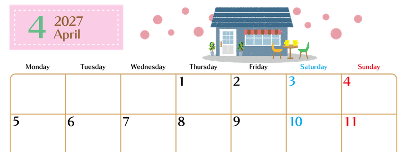 2027年4月横型の月曜始まり 新生活イラストのおしゃれA4無料カレンダー 【No.202700210401】