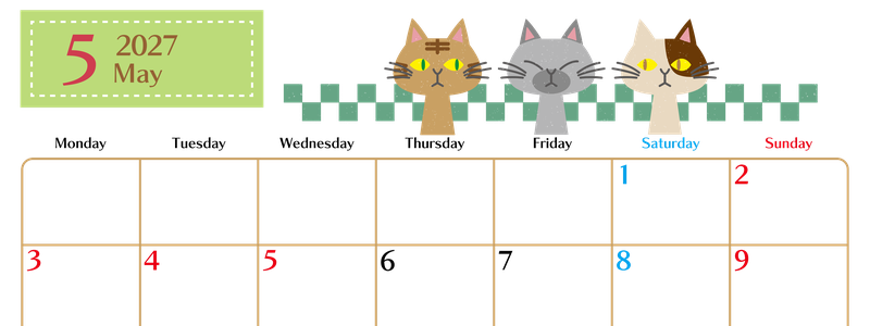 2027年5月横型の月曜始まり 猫たちイラストのおしゃれA4無料カレンダー 【No.202700210501】
