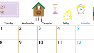 2027年6月横型の月曜始まり 時計イラストのおしゃれA4無料カレンダー 【No.202700210601】