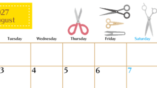 2027年8月横型の月曜始まり ハサミイラストのおしゃれA4無料カレンダー 【No.202700210801】