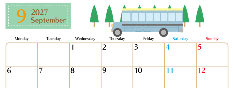 2027年9月横型の月曜始まり バスイラストのおしゃれA4無料カレンダー 【No.202700210901】