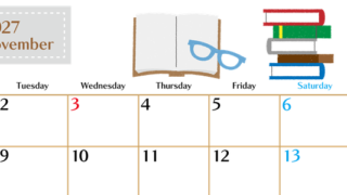 2027年11月横型の月曜始まり 読書イラストのおしゃれA4無料カレンダー 【No.202700211101】