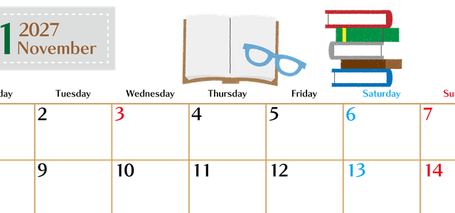 2027年11月横型の月曜始まり 読書イラストのおしゃれA4無料カレンダー 【No.202700211101】