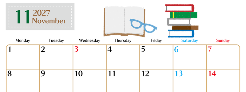 2027年11月横型の月曜始まり 読書イラストのおしゃれA4無料カレンダー 【No.202700211101】