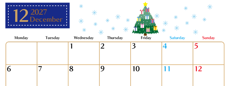 2027年12月横型の月曜始まり クリスマスツリーイラストのおしゃれA4無料カレンダー 【No.202700211201】