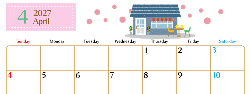 2027年4月横型の日曜始まり 新生活イラストのおしゃれA4無料カレンダー 【No.202700210400】