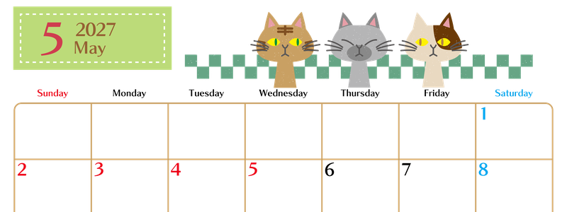 2027年5月横型の日曜始まり 猫たちイラストのおしゃれA4無料カレンダー 【No.202700210500】