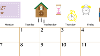 2027年6月横型の日曜始まり 時計イラストのおしゃれA4無料カレンダー 【No.202700210600】
