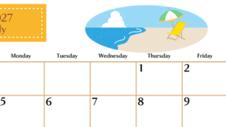 2027年7月横型の日曜始まり バカンスイラストのおしゃれA4無料カレンダー 【No.202700210700】