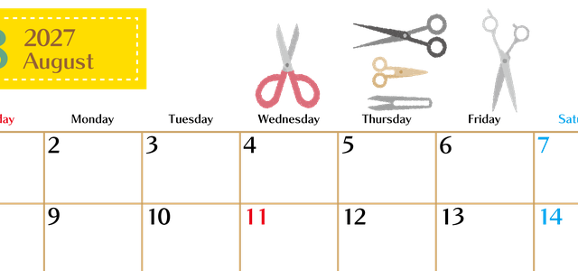 2027年8月横型の日曜始まり ハサミイラストのおしゃれA4無料カレンダー 【No.202700210800】