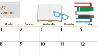 2027年11月横型の日曜始まり 読書イラストのおしゃれA4無料カレンダー 【No.202700211100】
