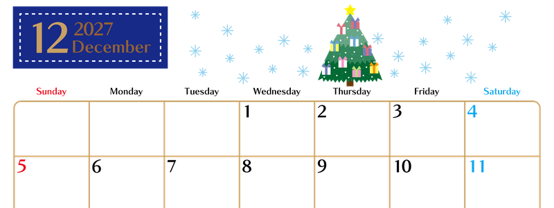 2027年12月横型の日曜始まり クリスマスツリーイラストのおしゃれA4無料カレンダー 【No.202700211200】
