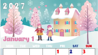 2027年1月縦型の月曜始まり 真っ白な雪景色イラストのかわいいA4無料カレンダー 【No.202700220111】