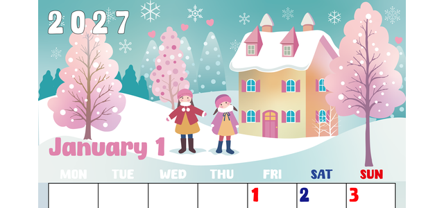 2027年1月縦型の月曜始まり 真っ白な雪景色イラストのかわいいA4無料カレンダー 【No.202700220111】