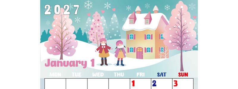 2027年1月縦型の月曜始まり 真っ白な雪景色イラストのかわいいA4無料カレンダー 【No.202700220111】