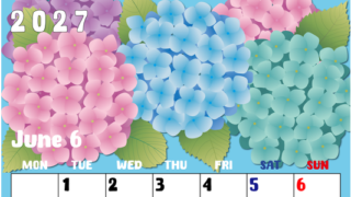 2027年6月縦型の月曜始まり アジサイイラストのかわいいA4無料カレンダー 【No.202700220611】