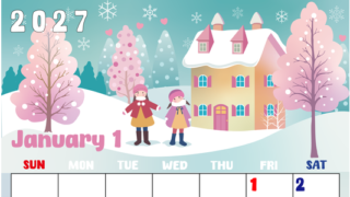 2027年1月縦型の日曜始まり 真っ白な雪景色イラストのかわいいA4無料カレンダー 【No.202700220110】