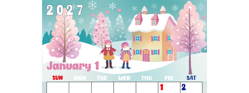 2027年1月縦型の日曜始まり 真っ白な雪景色イラストのかわいいA4無料カレンダー 【No.202700220110】