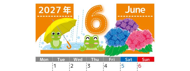 2027年6月縦型の月曜始まり アマガエルイラストのかわいいA4無料カレンダー 【No.202700230611】