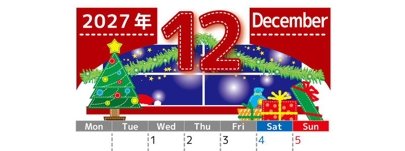 2027年12月縦型の月曜始まり クリスマスの夜イラストのかわいいA4無料カレンダー 【No.202700231211】