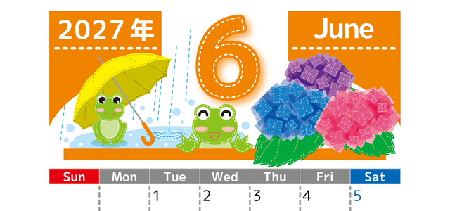 2027年6月縦型の日曜始まり アマガエルイラストのかわいいA4無料カレンダー 【No.202700230610】
