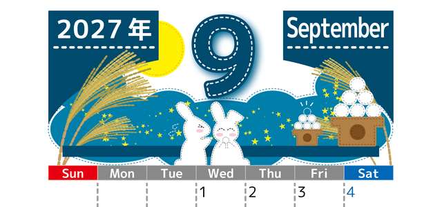 2027年9月縦型の日曜始まり 白うさぎイラストのかわいいA4無料カレンダー 【No.202700230910】