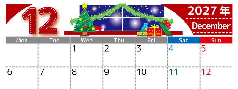 2027年12月横型の月曜始まり クリスマスの夜イラストのかわいいA4無料カレンダー 【No.202700231201】