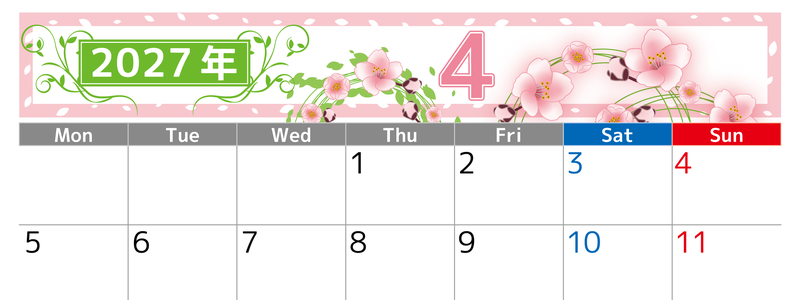 2027年4月横型の月曜始まり 桜イラストのおしゃれA4無料カレンダー 【No.202700240401】