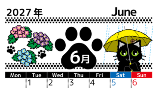2027年6月縦型の月曜始まり 黒猫と梅雨と紫陽花のイラストのかわいいA4無料カレンダー 【No.202700260611】