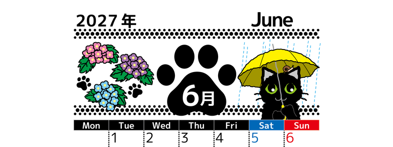 2027年6月縦型の月曜始まり 黒猫と梅雨と紫陽花のイラストのかわいいA4無料カレンダー 【No.202700260611】