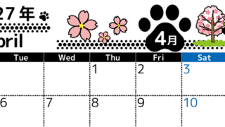 2027年4月横型の月曜始まり 黒猫と桜の木のイラストのかわいいA4無料カレンダー 【No.202700260401】