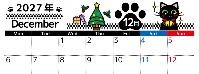 2027年12月横型の月曜始まり 黒猫とクリスマスのイラストのかわいいA4無料カレンダー 【No.202700261201】