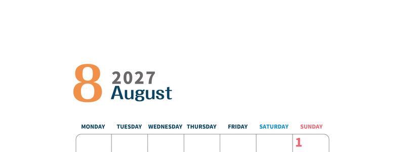 2027年8月縦型月曜始まり 書き込みしやすい文字が大きなA4無料シンプルなおすすめカレンダー 【No.202701090811】